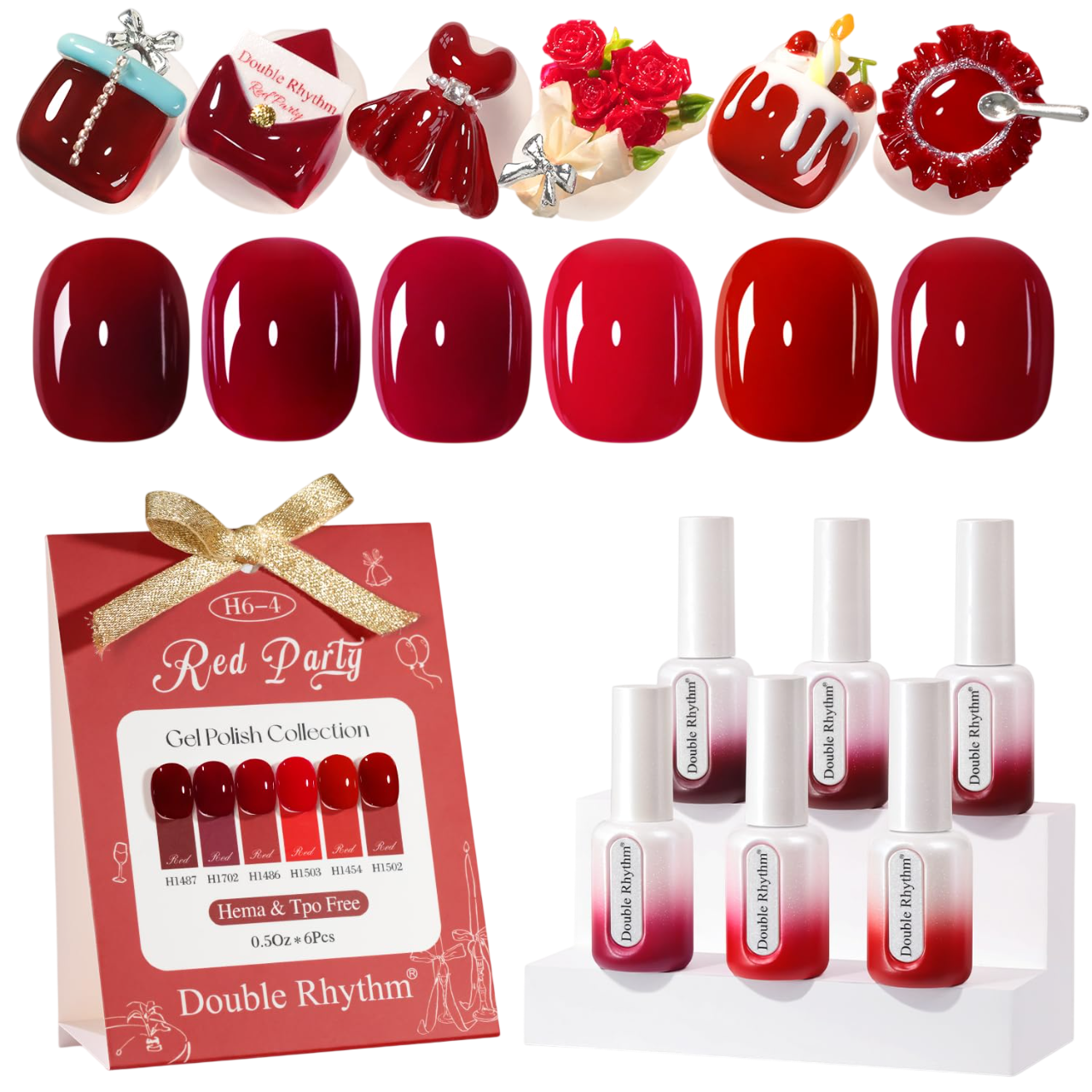 Double Rhythm 6 Pcs Hema Free Gel Polish Set (Shimmer Cherry Red Burgundy)